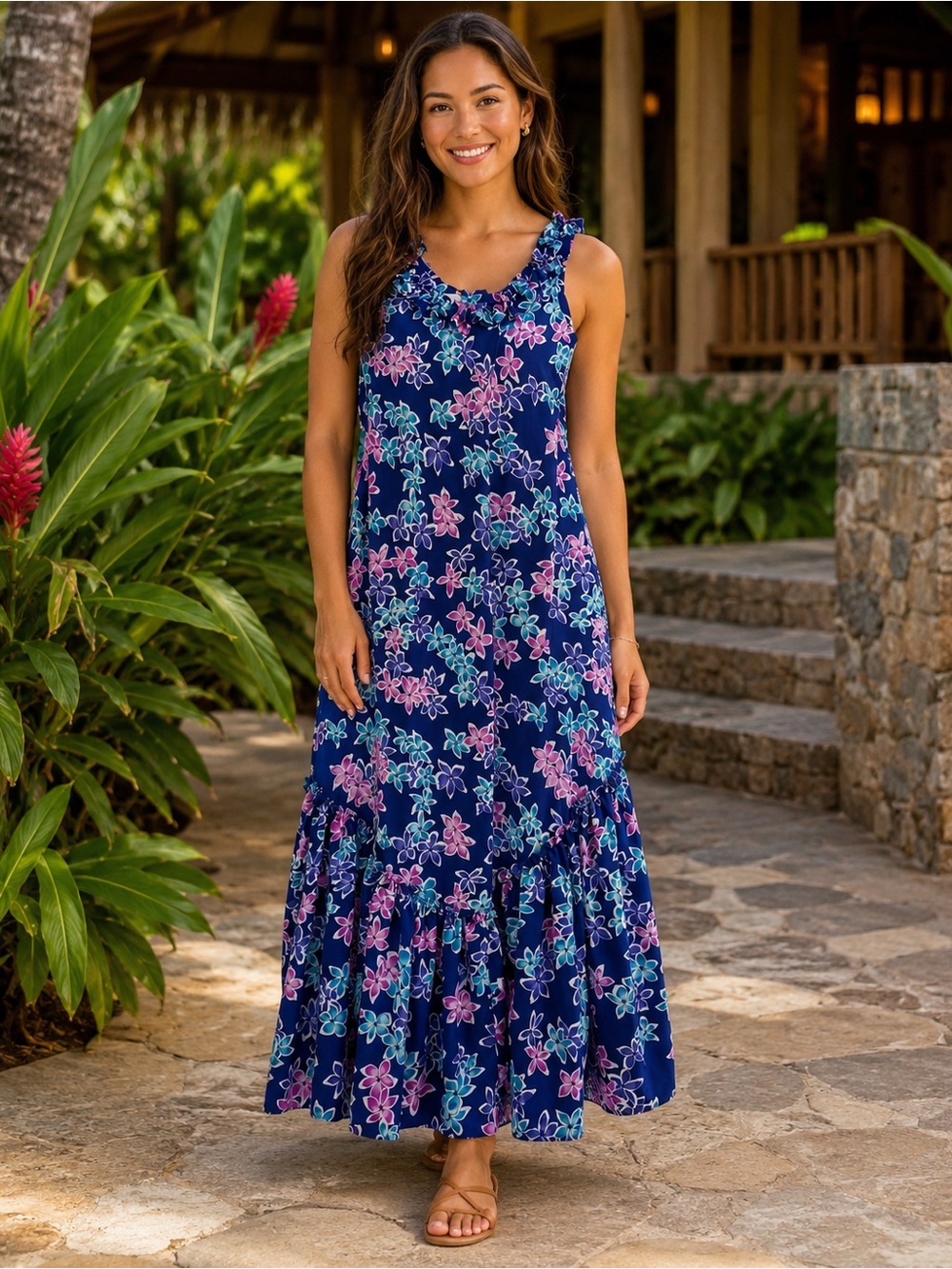 Vintage Hilo Hattie MuuMuu Maxi Dress M Hawaiian plumerias aloha tropical blooms